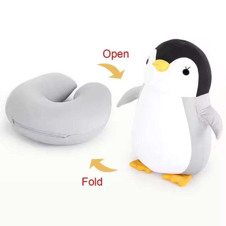 Almohadas de viaje deformables en forma de U, cojín de pingüinos de avión, almohada de cuello de juguete de peluche - 1