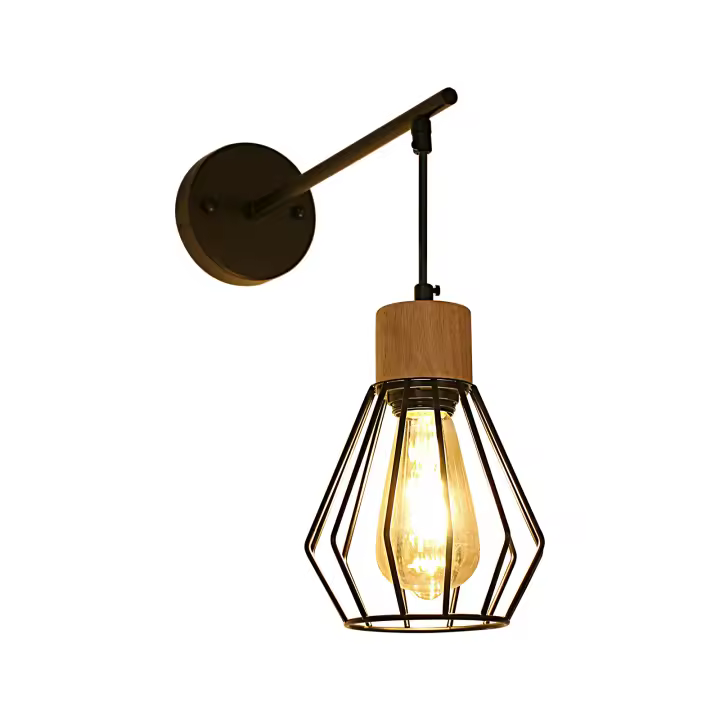 GOECO Aplique estilo farol, diseño creativo, color negro y madera natural, 33x15x35 cm, con poste de 25 cm, E27, sin fuente de luz - 1