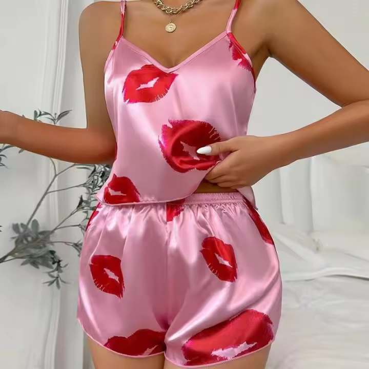 Ropa interior de mujer, ropa de dormir de seda satinada, chaleco, pantalones cortos, conjunto de dos piezas de verano, ropa de dormir para mujer - 1