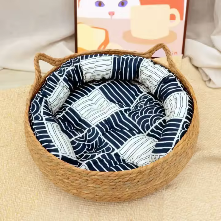 Cesta tejida de ratán para gato, cama con cojín, suave y cálida, redonda, cómoda, para dormir - 1