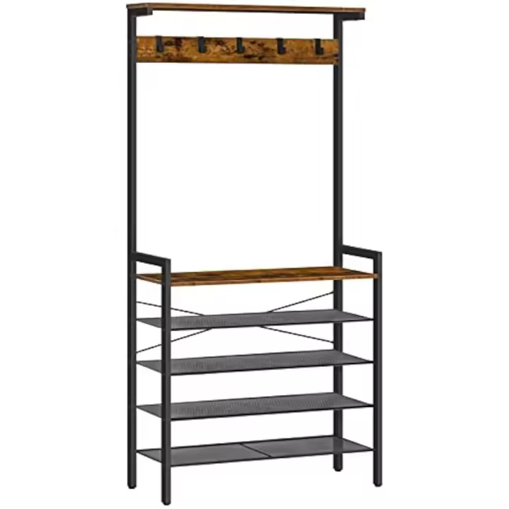 Estantería Industrial de Estilo 30x74x185CM con 5 Niveles para Pasillo, 5 Ganchos Extraíbles, Estante Superior, Rústico y Negro - 1
