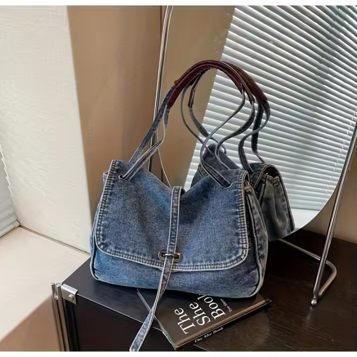 Bolso de Denim Vintage Bolso de Hombro Casual con Correas Trenzadas Marrones Gran Capacidad - 1