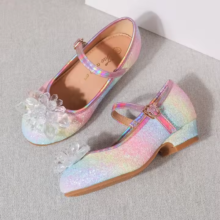 Zapatos de tacón alto con purpurina y diamantes de imitación para niña, calzado de piel versátil con lentejuelas para fiesta y boda - 1