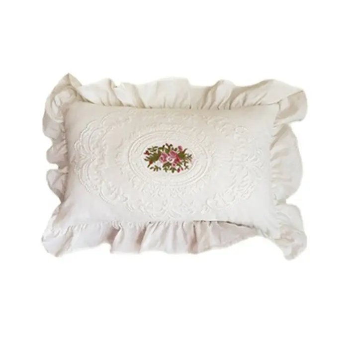 Funda de almohada de encaje francés con volantes de loto, funda de almohada de algodón blanco de Material lavado suave, cómoda funda de cojín bordada - 1