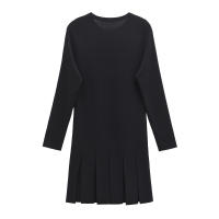 Vestido corto de punto con dobladillo plisado para mujer, minivestido negro de manga larga con cuello redondo y bolsillos frontales con botones, otoño e invierno - details 1
