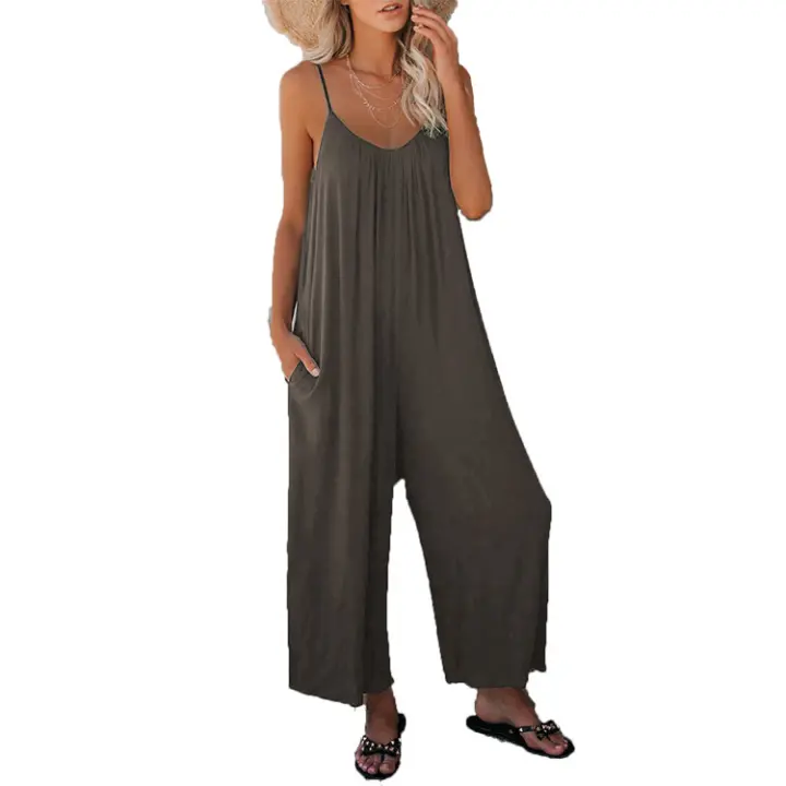 Mono informal de verano sin mangas, cuentas anchas para mujer, pantalones de color claro, circunferencia del pecho, mono con bolsillos - 1