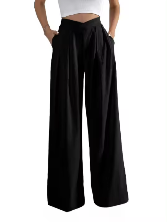 Pantalones de Oficina para Mujeres de Cintura Alta y Piernas Anchos Estilo Clásico Elegante - 1