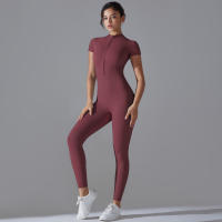 Hamidou-body de Yoga para mujer, ropa moldeadora deportiva de manga corta con cremallera, traje de gimnasio de una pieza, mono de nailon de Color sólido - details 30