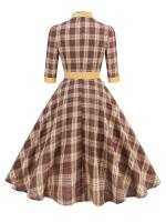 2025 nuevo Retro cuello falso Bowknot Plaid Vintage 1950s mujeres 3/4 manga larga Otoño Invierno elegante bolsillos Midi vestidos - details 2