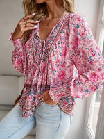 Camisa y blusa Floral rosa para mujer, Top suelto de manga larga, ropa de calle, atuendo de oficina, ropa femenina para mujer, otoño y primavera - details 4