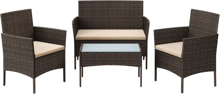 Conjunto de Muebles de Jardín, Muebles de Patio de Ratán, Muebles de Mimbre de PE para el Patio, Marrón y Topo - 1