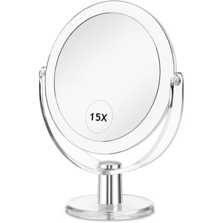 CLSEVXY Maquillaje de tocador con soporte, aumento de 1X/15X, espejo de aumento giratorio de 360 ​​grados de doble cara, portátil de 6,25 pulgadas - 1