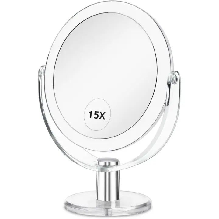 CLSEVXY Maquillaje de tocador con soporte, aumento de 1X/15X, espejo de aumento giratorio de 360 ​​grados de doble cara, portátil de 6,25 pulgadas - 1