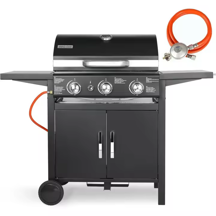 Parrilla de gas propano de 3 quemadores 3 x 10000BTU/2,93 KW, parrillas de hierro fundido para barbacoa, quemador de rendimiento, encendido por impulso con termómetro - 1