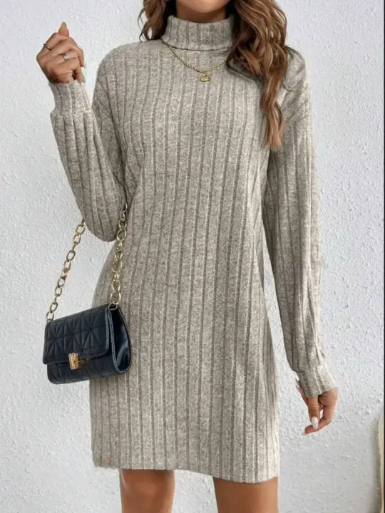 Vestido de Punto de Moda Invernal Cuello Redondo, Manga Larga, Comodidad Suelta para Mujeres - 1