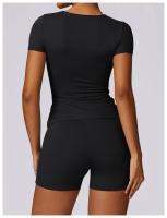 Conjunto de Yoga Sin Costuras para Mujer 2 Piezas Traje de Gimnasio con Top Corto de Manga Corta y Shorts para Correr Ropa Deportiva Activa Material Exterior de Nylon - details 15