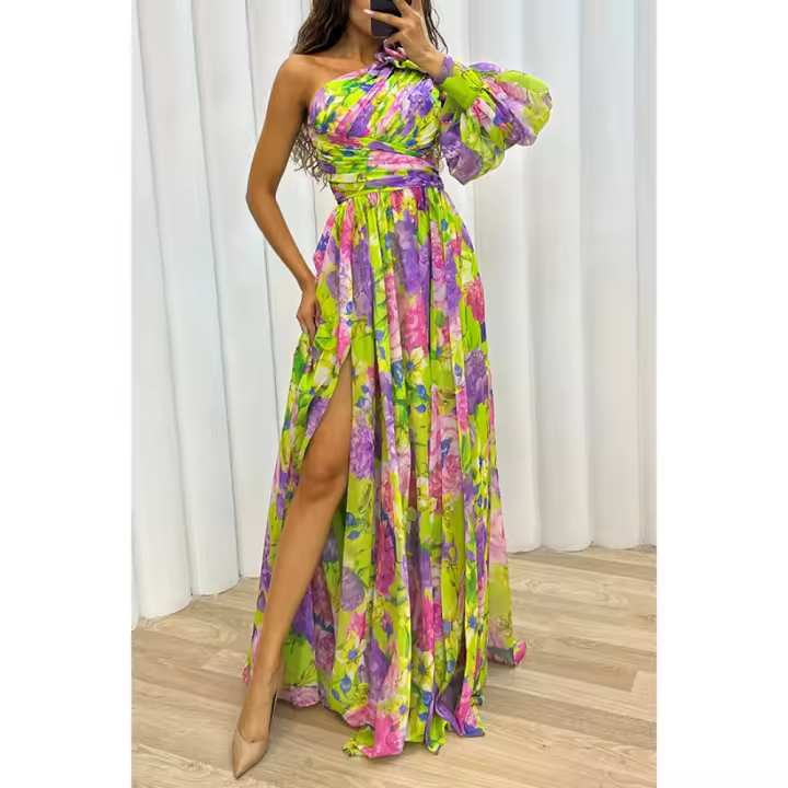 Vestido Largo de Fiesta 2025 Estampado Floral Elegante Manga Única Diseño Formal para Bodas, Eventos de Gala y Fiestas Nocturnas - 1