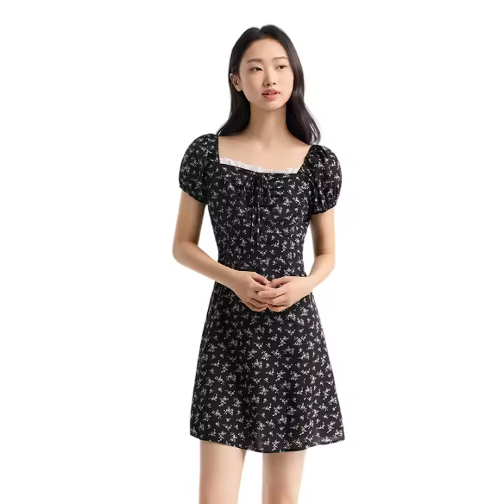 Vestido de Chifón Floral Semir Manga de Burbuja, Cuello Cuadrado, Cintura Corta - 1
