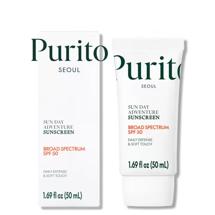 PURITO Sun Day Adventure Protector solar coreano Textura más suave y ligera Espectro amplio SPF 50 Protección UVA y UVB Sin blanco - 1