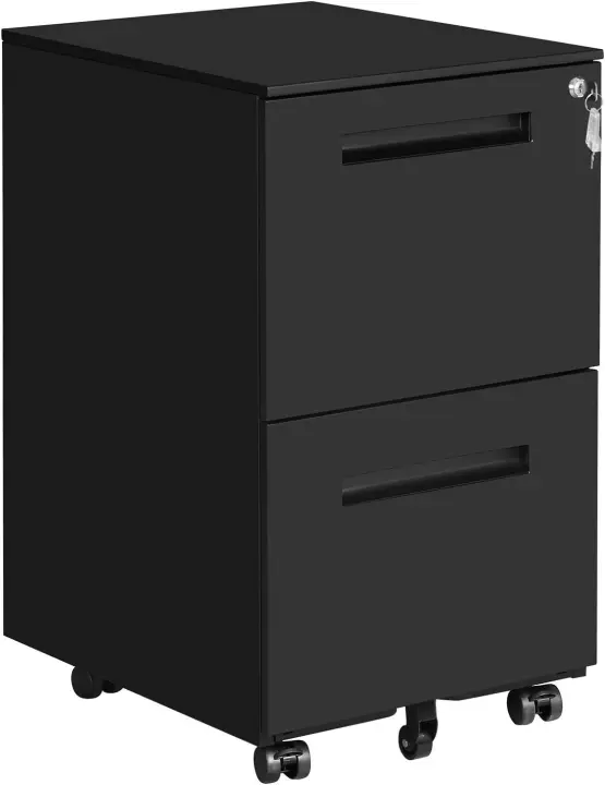 Gabinete de archivos móvil, con 2 cajones, cierre, para documentos de oficina, carpetas suspendidas, premontado, 39 x 50 x 69,5 cm (largo x ancho x alto), negro mate OFC52BK - 1