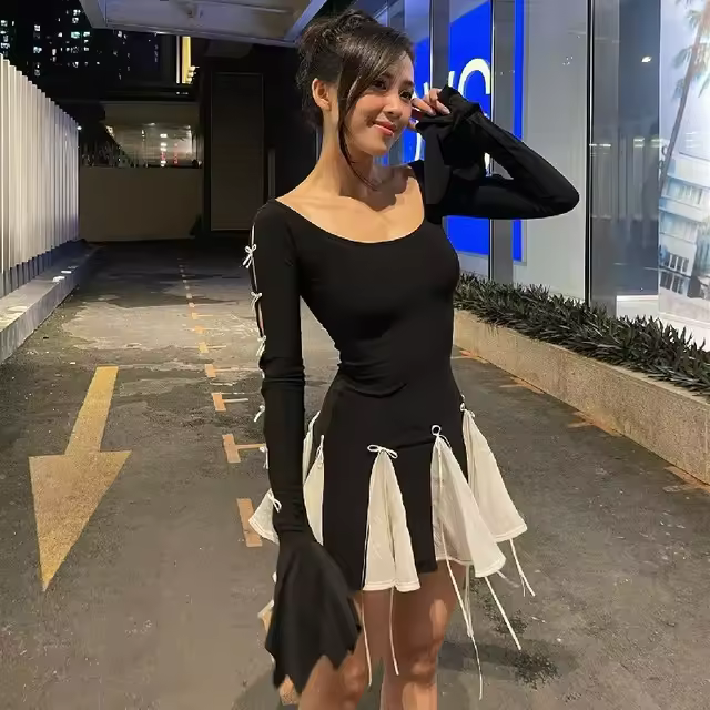 Vestido Mini de Cintura Alta con Encaje Vestido de Medio Cuerpo Ajustado para Mujeres - 1