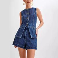 Traje corto informal de dos piezas para mujer, traje de cuello redondo sin mangas, botonadura única, Color sólido, moda de verano, traje de mujer Y2K - details 4