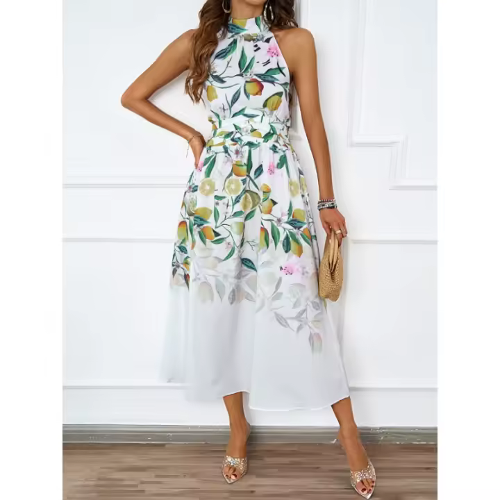 2025 Verano Europa Y Los Estados Unidos Las Mujeres Nueva Moda Cuello De Impresión De La Cintura Delgado Vestido Femenino - 1