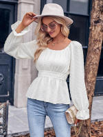 Top informal de manga con volantes para mujer, Top con cuello redondo y cintura, Color liso, otoño e invierno, 2023 - details 2