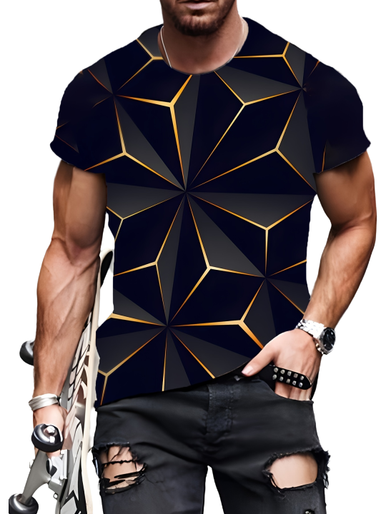 Camiseta informal de manga corta con estampado geométrico para hombre, talla grande, hecha de 100% poliéster, tejido ligero para comodidad durante todo el día. Se puede utilizar como pijama adecuado para todas las estaciones. Top de manga corta adecuado p