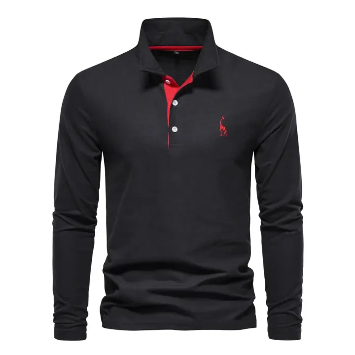 Polos hombre manga larga ropa hombre día del padre 2025 nuevos hombres ciervos bordado Polo camisas Color sólido manga larga negocios sociales hombre - 1