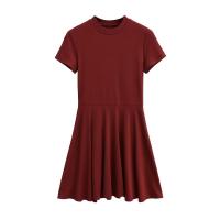 Vestido básico de manga corta de color sólido ajustado de estilo europeo y americano para mujer con cintura y cuello medio alto delgado Empalme de una palabra falda de swing grande - details 4