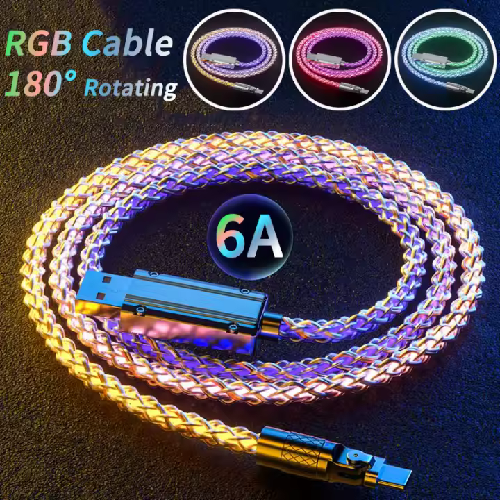 Cable de carga súper rápida RGB brillante con rotación de 180 °, Cable USB a tipo C, flujo MicroUSB, Streamer colorido, línea de datos de cargador, 6A, 120W - 1