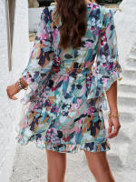 Vestido de primavera y verano para mujer, Media manga, estampado de flores, elegante cuello en V, informal, línea A, hasta la rodilla, cintura alta - details 24