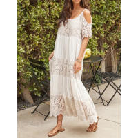 2025 nueva correa de mujer vendedora caliente, empalme de malla de algodón, encaje, vestido largo de Beach Resort - details 2