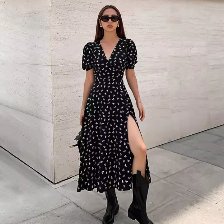 Vestido largo de estilo francés con estampado floral, pequeño, negro, otoño, nuevo, manga corta, cintura con abertura, corte en A - 1