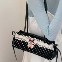 Bolso de mano francés dulce que combina con todo, bolso de mano con lazo de gran capacidad, bolsos para axilas de lunares, bolso de hombro de PU de encaje de estilo coreano, escuela - details 3