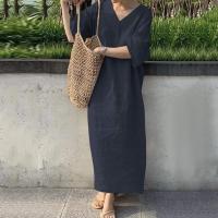 Vestido Maxi de Lino y Algodón para Mujer Cuello en V, Manga Corta, Botón, Moda de Playa de Verano - details 4