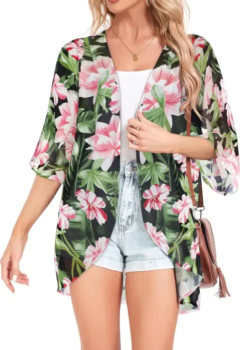 Kimono de gasa con estampado floral ligero para mujer, manga corta, blusa de playa holgada, talla grande - 1