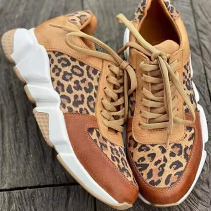 Nuevos zapatos casuales de suela gruesa y caña baja de gran tamaño con punta redonda y zapatos deportivos con estampado de leopardo - 1