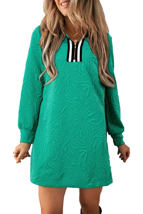 Elrachen Mini vestido de mujer con textura jacquard verde mar, cremallera de un cuarto, tallas S-XL - 1