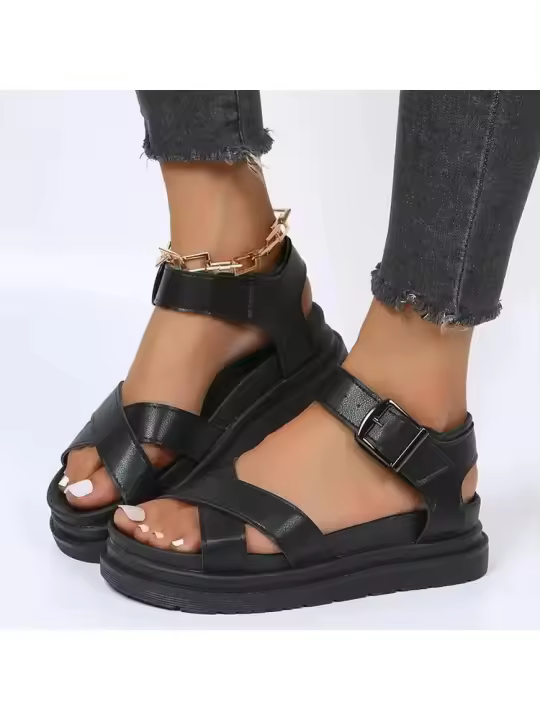 Sandalias de mujer con suela gruesa y correa inclinada Zapatos informales de estilo romano - 1