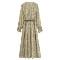 Elegante Vestido A-line Medio con Cinturón Manga Larga, Cuello en V, Cintura Elástica, Estampado de Volantes Moda Primaveral para Mujeres - details 9