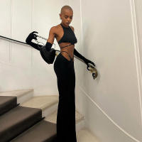 BUNO-Conjuntos de 2 piezas con tirantes huecos de gato extraño para mujer, Tops sexys lisos con cuello Halter y espalda descubierta + Pantalones acampanados con lentejuelas, trajes ajustados para fiesta - details 1