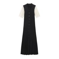 BUNO-Vestido Midi elegante de punto con una hilera de botones, vestidos de retales para mujer, bata de verano para mujer, batas negras y Beige para fiesta de noche - details 2