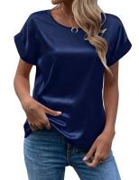 Blusas de satén de estilo veraniego para mujer, camisas informales con manga de ala de murciélago y cuello redondo, Blusas holgadas de Color sólido - details 6