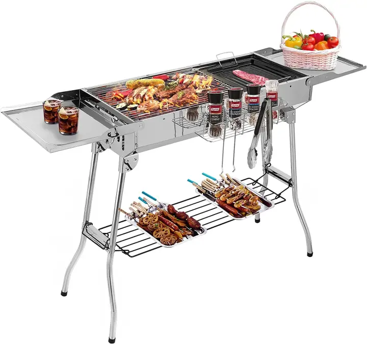 Parrilla de Carbón Portátil de Acero Inoxidable BBQ de Doble Ala Plegable Sarten No Pega - 1