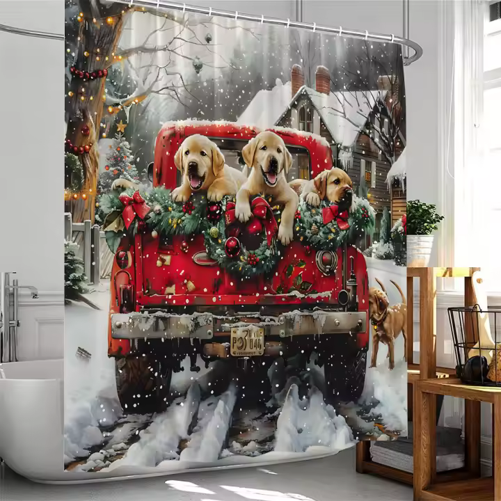 Cortina de ducha Perros de Navidad con sombrero de Navidad Vacaciones de invierno Camión rojo Pino Paisaje de nieve Decoración de bañera Cortina de baño de poliéster - 1