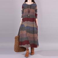 Jersey de manga larga con cuello redondo para mujer, vestido largo holgado a rayas con contraste de Color, ropa diaria para otoño e invierno - details 5