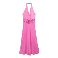 Vestido Plisado con Flores en 3D para Mujer Traje Elegante con Cuello Halter Espalda Descubierta - details 0