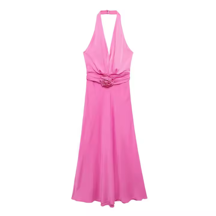 Vestido Plisado con Flores en 3D para Mujer Traje Elegante con Cuello Halter Espalda Descubierta - 1